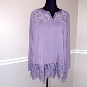 LOGO by Lori Goldstein Blouse Womens 2X Purple Long Sleeve Lace Hem Top Dainty